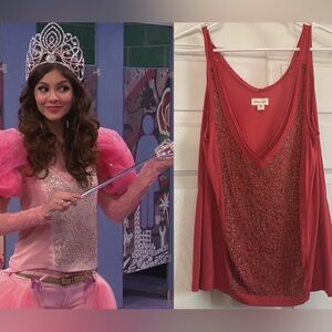 As Seen On Tori Vega In Nickelodeon Show Victorious,Red Tank Top & Gold Sequins